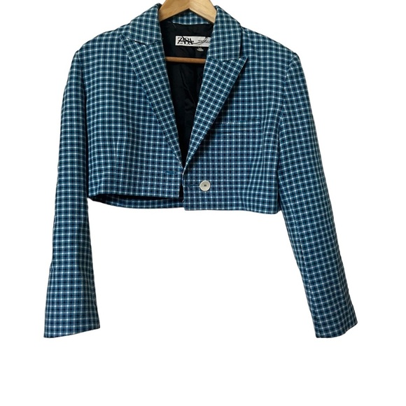 Zara Cropped Blue Plaid Long Sleeve Collared Jacket With Shoulder Pads VV - Picture 1 of 4